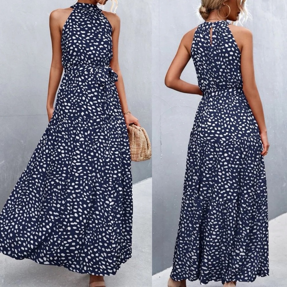 Belted boho ruffle halter maxi dress dot leopard print navy blue - Picture 1 of 7